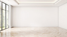 Serene Minimalism Bright And Spacious Empty Room With Wooden Parquet Flooring And Natural Light With A Sunlit Window And Clean White Walls. 3D Render