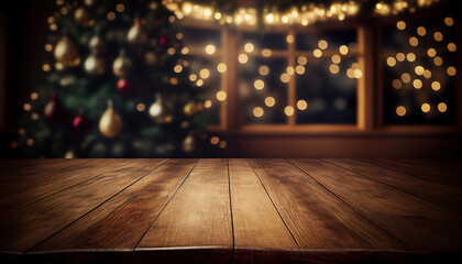 Empty wooden table with christmas theme in background