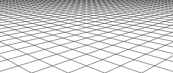 Poster - Diagonal wireframe grid. Checkered tile floor landscape. Horizontal chessboard plane in perspective. Black and white flat lattice surface background. Vector illustration 