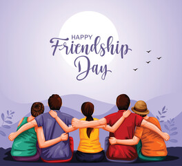 happy international friendship day greeting card, back view of friends group. abstract vector illust