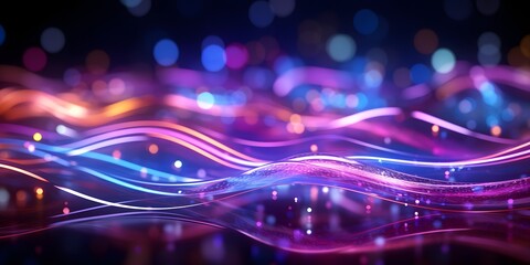 Wall Mural - abstract background with pink blue glowing neon lines and bokeh lights. data transfer concept. digit