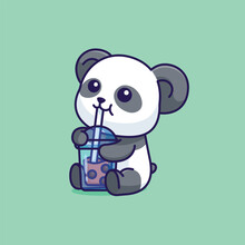 Cute Panda Drink Boba Milk Tea Simple Cartoon Vector Icon Illustration Animal Drink