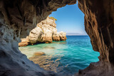 Fototapeta Desenie - View of the paradise beach on the aegean coast of greece cave in the sea photography