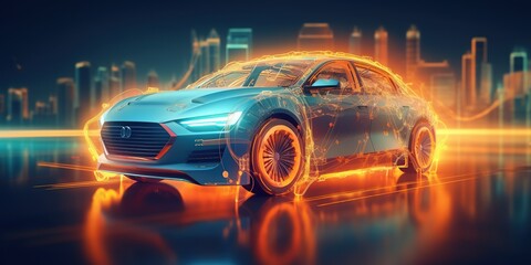 wireframe car concept on road and futuristic city on background SUV rear view, 3D rendering