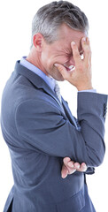 Poster - Digital png photo of facepalming caucasian businessman leaning on transparent background
