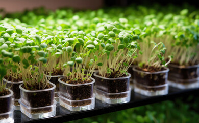 Canvas Print - Close-up of a trays with microgreens, modern urban microgreen farm, Generative AI