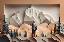 Man Looking At Mountains, Paper Art Style