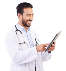 Aufkleber - Research, smile and asian man or doctor with tablet for reading in png or transparent and isolated background. Healthcare, professional male and tech with online app for career or innovation.