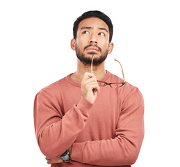Leinwandbilder - Thinking, glasses and young man with idea, memory or doubt for planning a solution. Spectacles, confused and male model with a decision or choice expression isolated by a transparent png background.