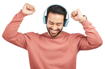 Poster - Happy asian man, headphones and dancing to music or listening isolated on a transparent PNG background. Excite male person enjoying audio streaming, sound track or songs on headset for online tunes