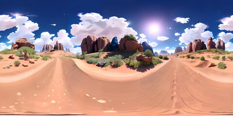 cactus in the desert |  there is a 3d rendering of a desert landscape with rocks and bushes, 360 monoscopic equirectangular, inspired by RHADS, hand painted cartoon art style, inspired by Paul Kelpe.