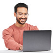 Leinwandbild Motiv Asian man, laptop and smile with business work and typing email isolated on a transparent, png background. Computer, working and pc research with web project and digital data analysis with internet