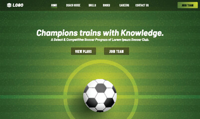 Wall Mural - Soccer Champions Trains with Knowledge Game Website or Responsive App Design with Closeup Football on Center Field.