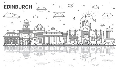 outline edinburgh scotland city skyline with modern, historic buildings and reflections isolated on 