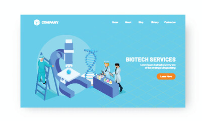 Sticker - Biotech Services Based Landing Page Design with Illustration of Scientists Doing Research in Laboratory and DNA Structure.