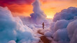 the slopes of marek sekunda at sunset, in the style of surreal and dreamlike imagery, colorful explosions, soft mist, surreal human figures, saturated pigment pools, isolated landscape