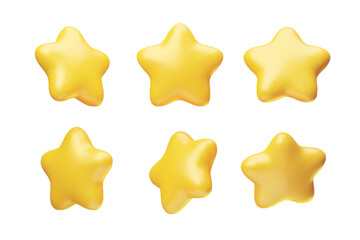 3d rotating golden glossy stars set 3d realistic style. metallic yellow stars from different angles.