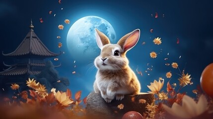 Wall Mural - Cheerful Rabbit Celebrating Mid Autumn, Happy Mid Autumn Festival Background. Generative Ai