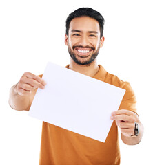 Aufkleber - Billboard, happy and advertising with asian man in portrait in png or isolated and transparent background. Poster, smile and guy with promotion sign for brand with sale or news on board and paper.