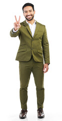 Aufkleber - Happy, peace sign and portrait of business man on png for motivation, support and kindness. Professional, corporate and pride with employee isolated on transparent background for emoji and v gesture