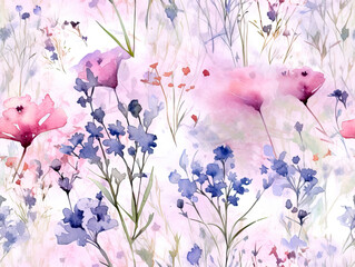 Wall Mural - Pink flower seamless pattern.Wild flowers watercolor wallpaper. For fabric design, card.