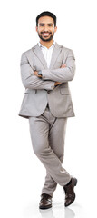 Portrait, professional and a business man with arms crossed isolated on a transparent, png background. Corporate, smile and trust with a happy male employee looking confident in success of company
