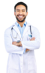 Happy, crossed arms and portrait of a man doctor with confidence for medical consultation. Face, smile and professional male healthcare worker with leadership isolated by a transparent png background