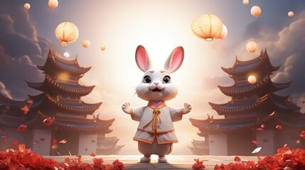 Wall Mural - Cheerful Rabbit Celebrating Mid Autumn, Happy Mid Autumn Festival Background. Generative Ai