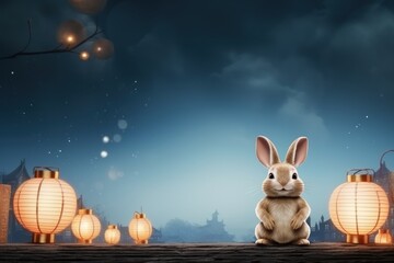 Wall Mural - Cheerful Rabbit Celebrating Mid Autumn, Happy Mid Autumn Festival Background. Generative Ai