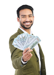 Wall Mural - Businessman, money fan and financial freedom for winning bonus isolated on a transparent PNG background. Portrait of asian man or employee with paper bills for finance, savings or investment growth