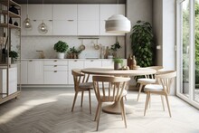 Stylish Kitchen: White Wooden Walls, Tiled Floor, Round Dining Table, White Seats. Generative AI