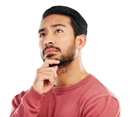 Aufkleber - Serious, thinking and Asian man with ideas, solution and guy isolated against a transparent background. Male person, model and problem solving with promotion, opportunity and brainstorming with png