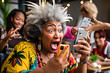Humorous image of a senior African American woman trying out a popular social media challenge, with friends cheering her on. Generative AI