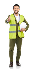 Aufkleber - Portrait, Asian man or architect with thumb up or success isolated on transparent png background. Good service, contractor or happy engineer with like gesture for ok, agreement or support on project