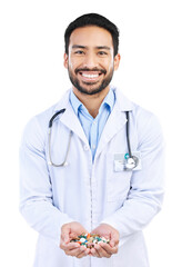 Sticker - Doctor, pills and portrait of man with medicine on isolated, png and transparent background. Healthcare, hospital and male worker with tablets or medication for wellness, medical care and service