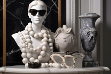 A Marble Bust Of A Noblewoman Adorned With A Collection Of Modern-day Fashion Accessories: Sunglasses, Necklace, Designer Handbag Etc. Generative AI
