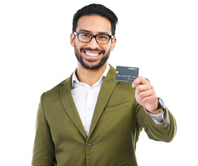 Poster - Happy businessman, portrait and credit card for payment isolated on a transparent PNG background. Asian man, nerd or geek with smile for banking, online shopping or financial freedom and ecommerce