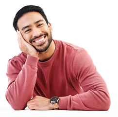 Wall Mural - Happy, man and portrait, relax with smile and attractive with positive mindset isolated on transparent png background. Calm, friendly and Asian male model resting, casual style and happiness
