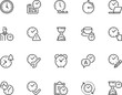 Set of vector line icons related to time. Timer, speed, alarm clock, time management, period, duration. Editable stroke. Pixel perfect.