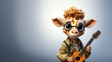 Tiny Cute Little Giraffe Wear Glasses Character Playing Guitar Isolated On White Studio Background , Generative Ai