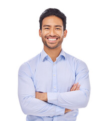 portrait, smile and businessman with arms crossed with confidence in business on isolated, transpare