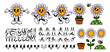 © Foxy Fox - Cartoon flower character. Daisy retro constructor. Smiley flower face, funny walking mascot chamomile with bee, plant in pot. Trendy design sticker, vector set