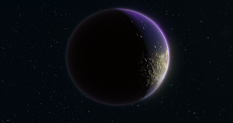 Wall Mural - abstract realistic space spinning planet round sphere with a water surface in space against the back