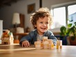 young kid playing with blocks at home, ai generated