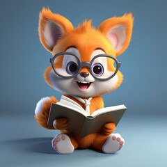  Baby Fox, 3D cartoon character, Pixar-style, holding a book, wearing glasses, friendly, solid background