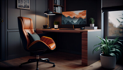 Interior of a office. Empty office with desk and chair, remote work pandemic work from home concept Ai generated image