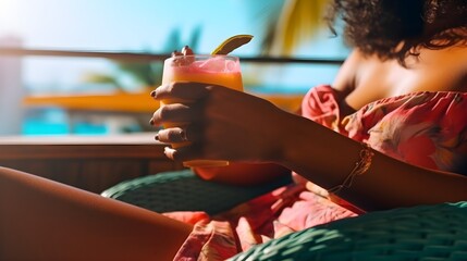 Wall Mural - Beautiful African American female hand holding Mai Tai Cocktail in glass garnished with mint on beach resort, woman sitting, drinking, bar background, bokeh, summer, bright sunlight, AI Generated.