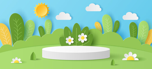 Paper cut of summer season on green nature landscape, sun and clouds on blue sky background with white cylinder podium for your products display presentation.