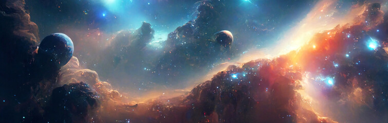 Nebula and galaxies in space. Abstract cosmos background.  Shiny stars and heavy clouds.