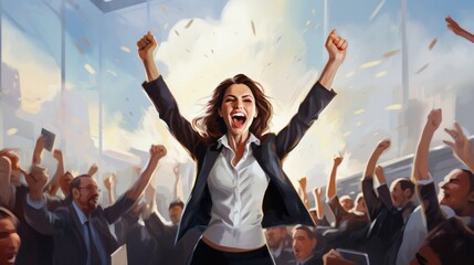 Businesswoman is shown excitedly raising a clenched fist. Happy middle-aged entrepreneur celebrating victory with raised hands. Concept of business achievement cartoon illustration.